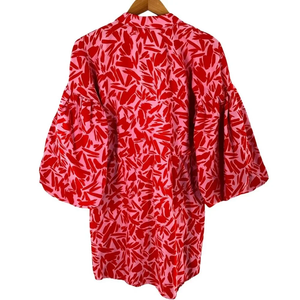 Veronica Beard Samy Red and Pink Print Balloon Sleeve Mini Dress Size 12 - Picture 4 of 6